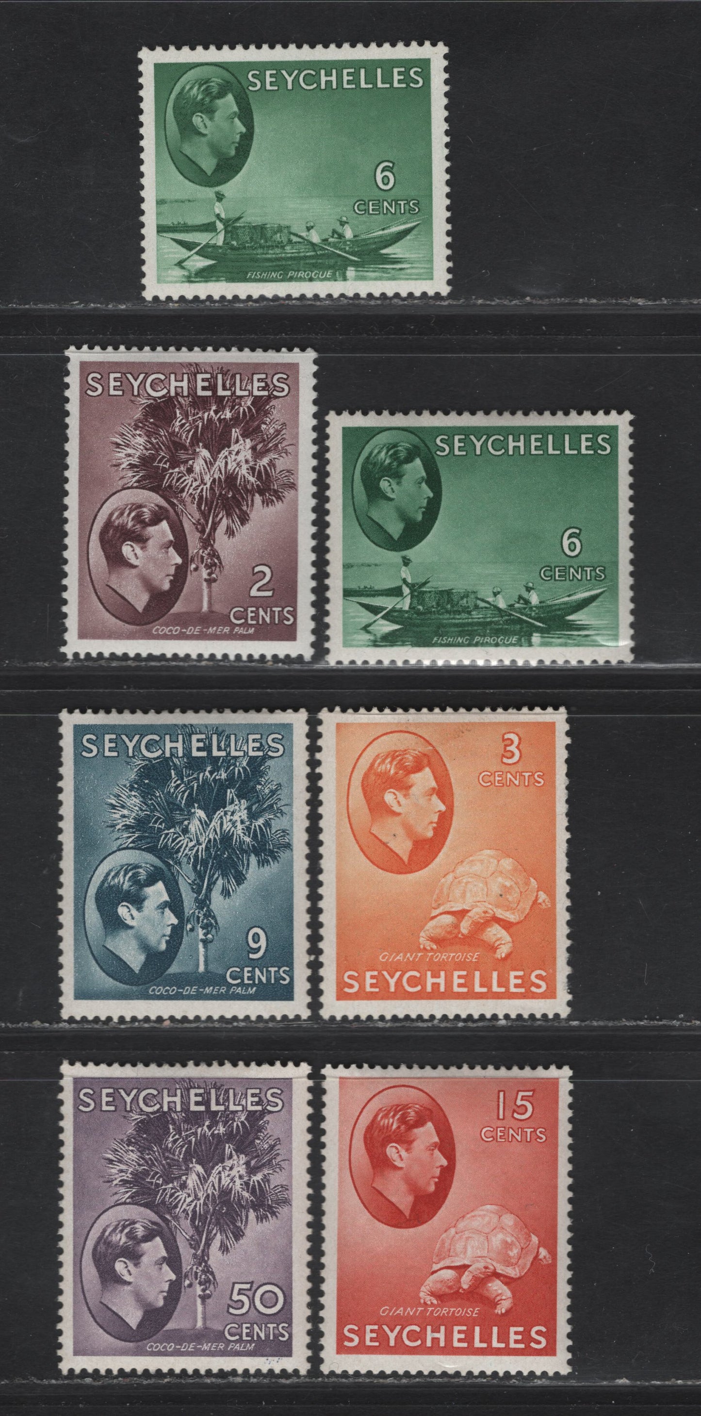 Lot 210 (C) Seychelles SG#135a, 136ab, 137b, 138ac, 139ab, 144a 2c - 50c Purple Brown - Deep Reddish Violet Coco-de-mer Palm - Fishing Pirogue, 1938-1949 KGVI Photogravure Pictorial Issue, 7 VFOG Singles, Ordinary Paper