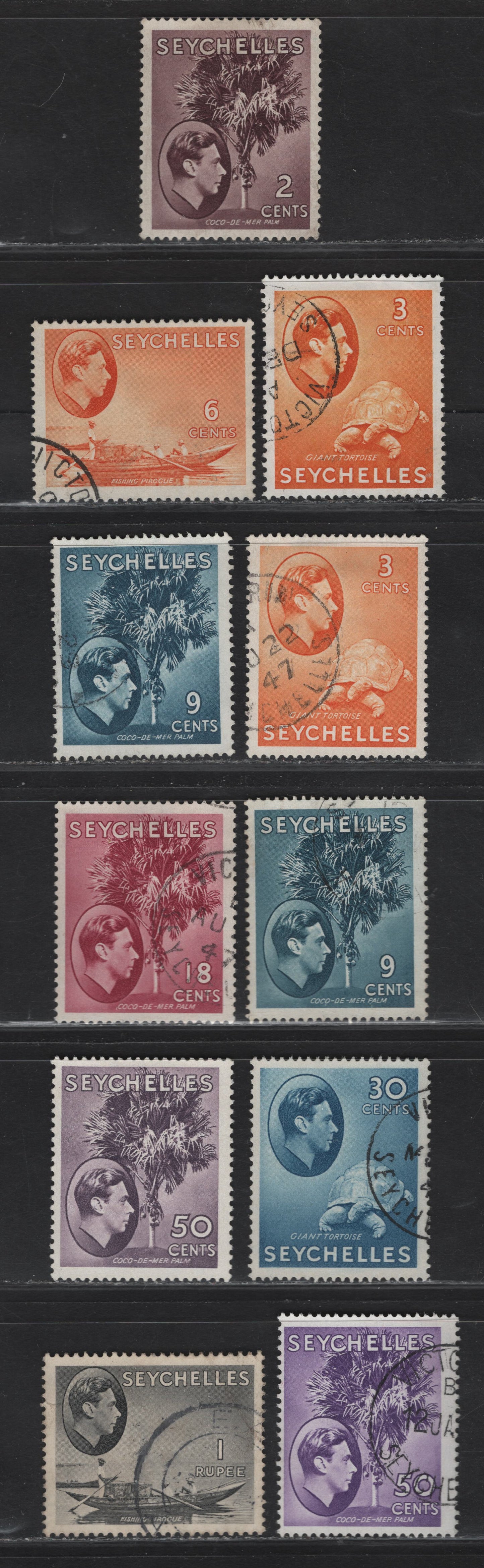 Lot 211 Seychelles SG#135a, 136ab, 137, 138ab,ac, 139ca, 144a,b,ab 2c - 1r Purple Brown - Gray Black Coco-de-mer Palm - Fishing Pirogue, 1938-1949 KGVI Photogravure Pictorial Issue, 11 Fine/Very Fine Used Singles, Ordinary Paper, Both Shades of 9c