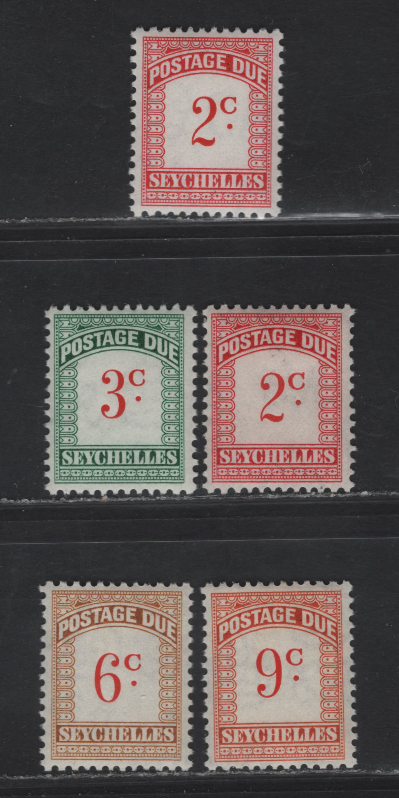 Lot 214 Seychelles SG#D1-D4, D9 2c - 9c Scarlet & Carmine - Scarlet & Orange Numerals, 1951-1964 Postage Dues, 5 VFOG Singles, Script CA & Block CA Wmks