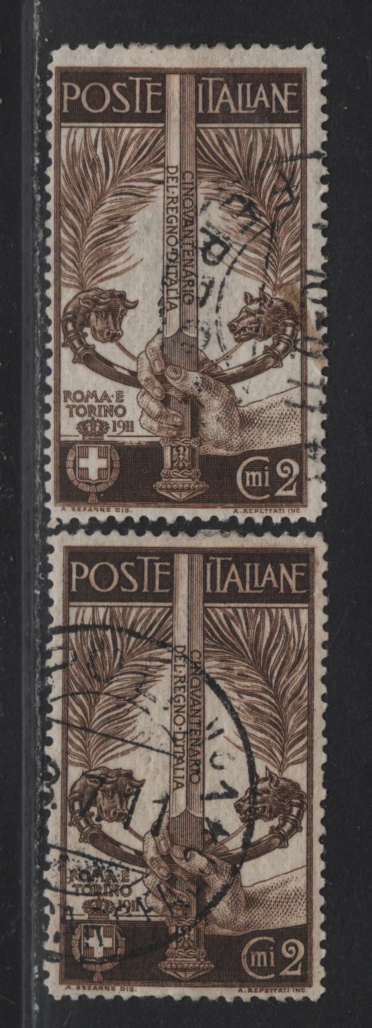 Lot 56 Italy SC#119,c 2c Brown Symbols of Rome and Turin, 1911 50th Anniv of Union of Italia States Issue, 2 Fine Used Singles, Perfs 14x13.5 & 13.5