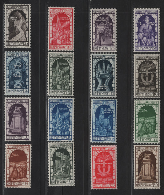 Lot 75 Italy SC#315-321, C56-C61, CE5-CE7 10c - 4.5l+2l Dark Brown - Carmine Anchor - Flag Raising Over HQ, 1934 10th Anniv of Annexation of Fiume Issue, 16 VFOG Singles