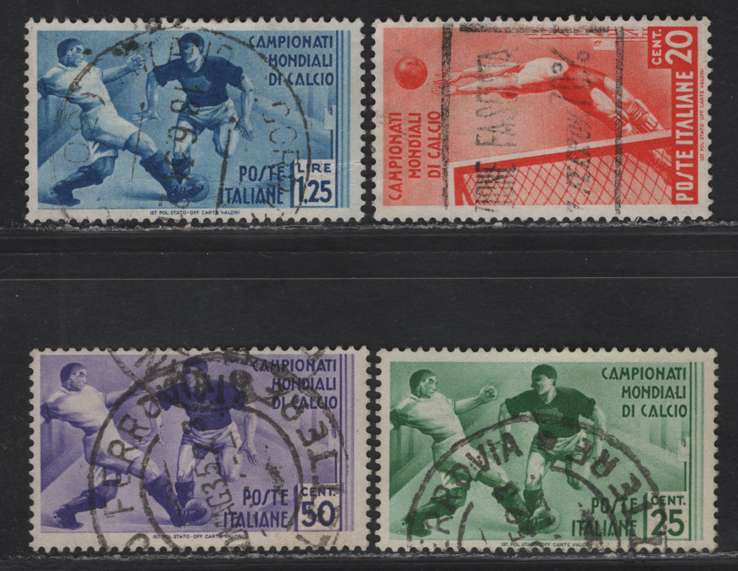 Lot 76 Italy SC#324-327 20c - 1.25l Red Orange - Blue Soccer Players, 1934 2nd World Soccer Championship Issue, 4 Fine/Very Fine Used Singles, 1934 & 1935 Dated Cancels, 1.25l Has An Internal Wrinkle