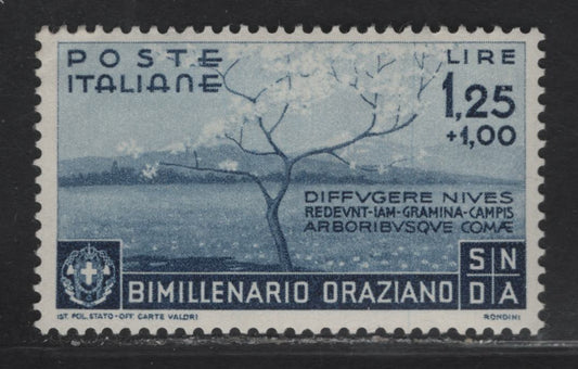 Lot 78 Italy SC#364 1.25l+1l Dark Blue Countryside in Spring, 1936 Quintus Horatius Flaccus, A VFOG Single, Patch of Gum Loss In UL Corner