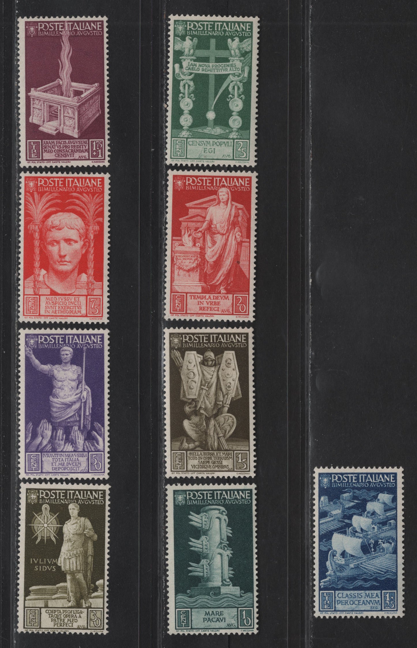 Lot 80 Italy SC#377-385 10c - 1.75+1l Myrtle Green - Plum Rostral Column - Sacrificial Altar, 1937 Bimillenary of Augustus Caesar Issue, 9 F/VFOG Singles