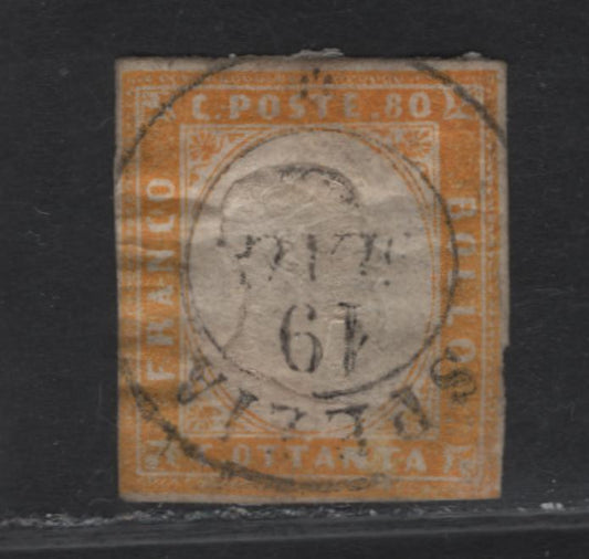 Lot 10 Sardinia SC#14 80c Orange Yellow Victor Emmanuel II, 1855-1863 Embossed Victor Emmanuel II Issue, A Good Used Imperf Single, Margins Just Touching In Lower Left & Right Corners, Internal Wrinkles That Can Be Soaked & Pressed Out
