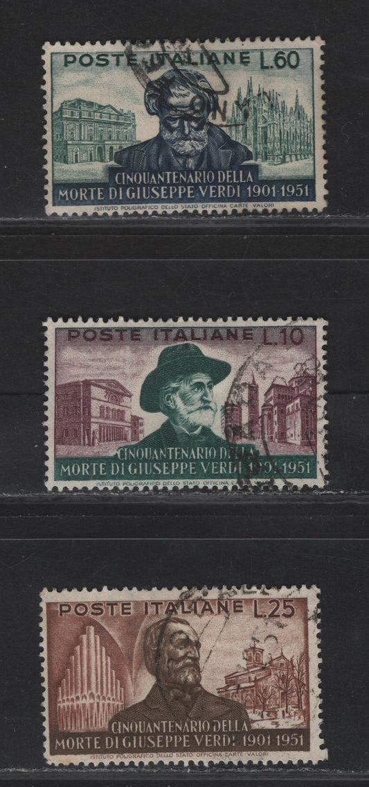 Lot 104 Italy SC#594-596 10l - 60l Violet Brown & Black Green - Deep Green & Indigo Verdi, 1951 50th Anniv of Death Of Verdi Issue, 3 Fine/Very Fine Used Singles