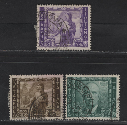 Lot 107 Italy SC#C100-C102 25c - 1l Dull Green - Violet King Victor Emmanuel III, 1938 Proclamation of Empire Issue, 3 Fine/Very Fine Used Singles