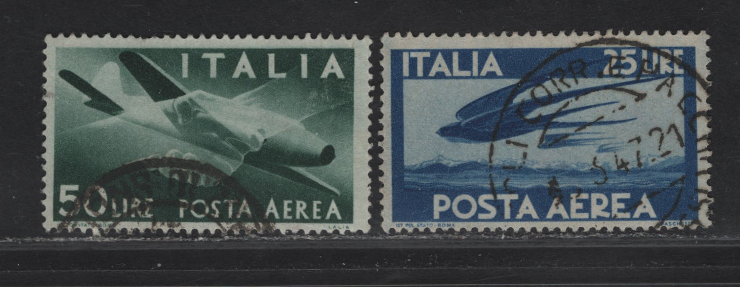 Lot 108 Italy SC#C111, C113 25l - 50l Blue - Dark Green Airplane, 1945-1947 Airmail Issue, 2 Fine Used Singles