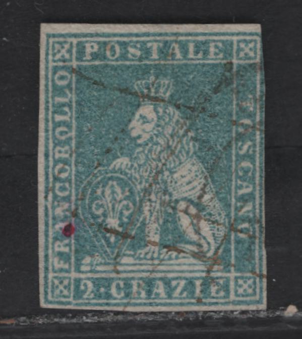 Lot 11 Tuscany SC#13 2cr Blue Lion of Tuscany, 1857-1859 Lion of Tuscany Issue, A Fine Used Imperf Single, Wmk 184, Possess Nearly All 18 Features As Belonging to The Genuine Stamp, Margins Full On 3 Sides, Just Touching At Right.
