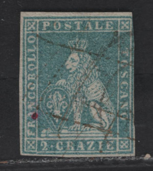 Lot 11 Tuscany SC#13 2cr Blue Lion of Tuscany, 1857-1859 Lion of Tuscany Issue, A Fine Used Imperf Single, Wmk 184, Possess Nearly All 18 Features As Belonging to The Genuine Stamp, Margins Full On 3 Sides, Just Touching At Right.