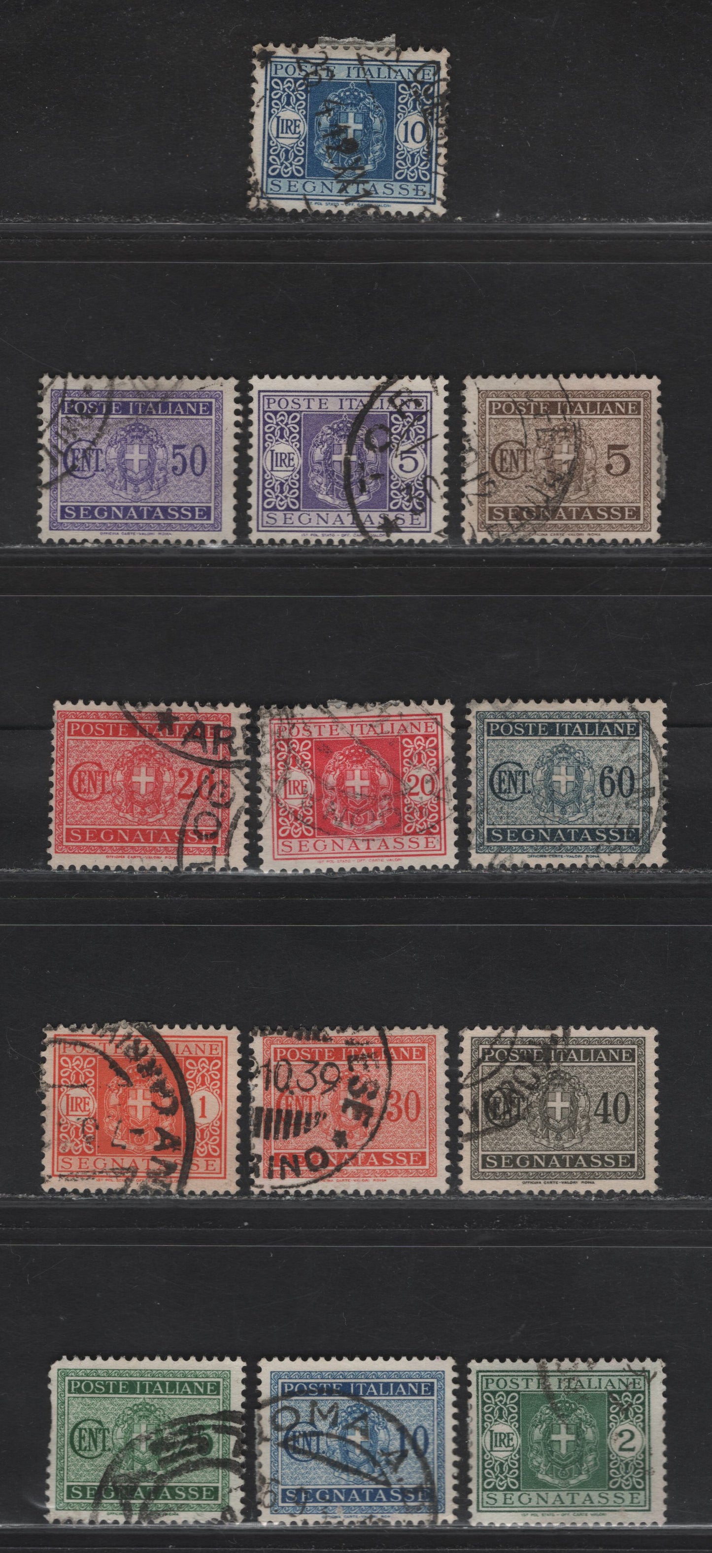 Lot 115 Italy SC#J28-J40 5c - 20l Brown - Carmine Rose Coat of Arms, 1934 Postage Dues, 13 Fine/Very Fine Used Singles, Cancels on 60c, 10l & 20l Appear To Be Legitimate, But They Have Not Been Expertized