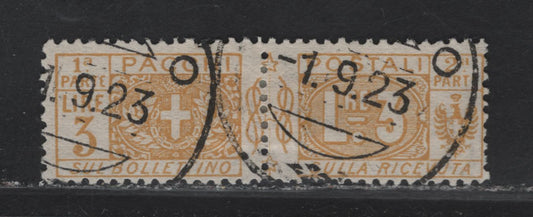 Lot 119 Italy SC#Q14 3l Bistre Coat of Arms & Numeral, 1914-1922 Parcel Post Issue, A Fine Used Horizontal Pairs