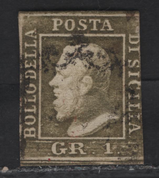 Lot 12 Sicily SC#12a 1g Grayish Olive Green Ferdinand II, 1859 Ferdinand II Issue, A Very Good Used Imperf Single, Showing Small White Line Under The Beard, And All Other Features Of The Genuine Stamps