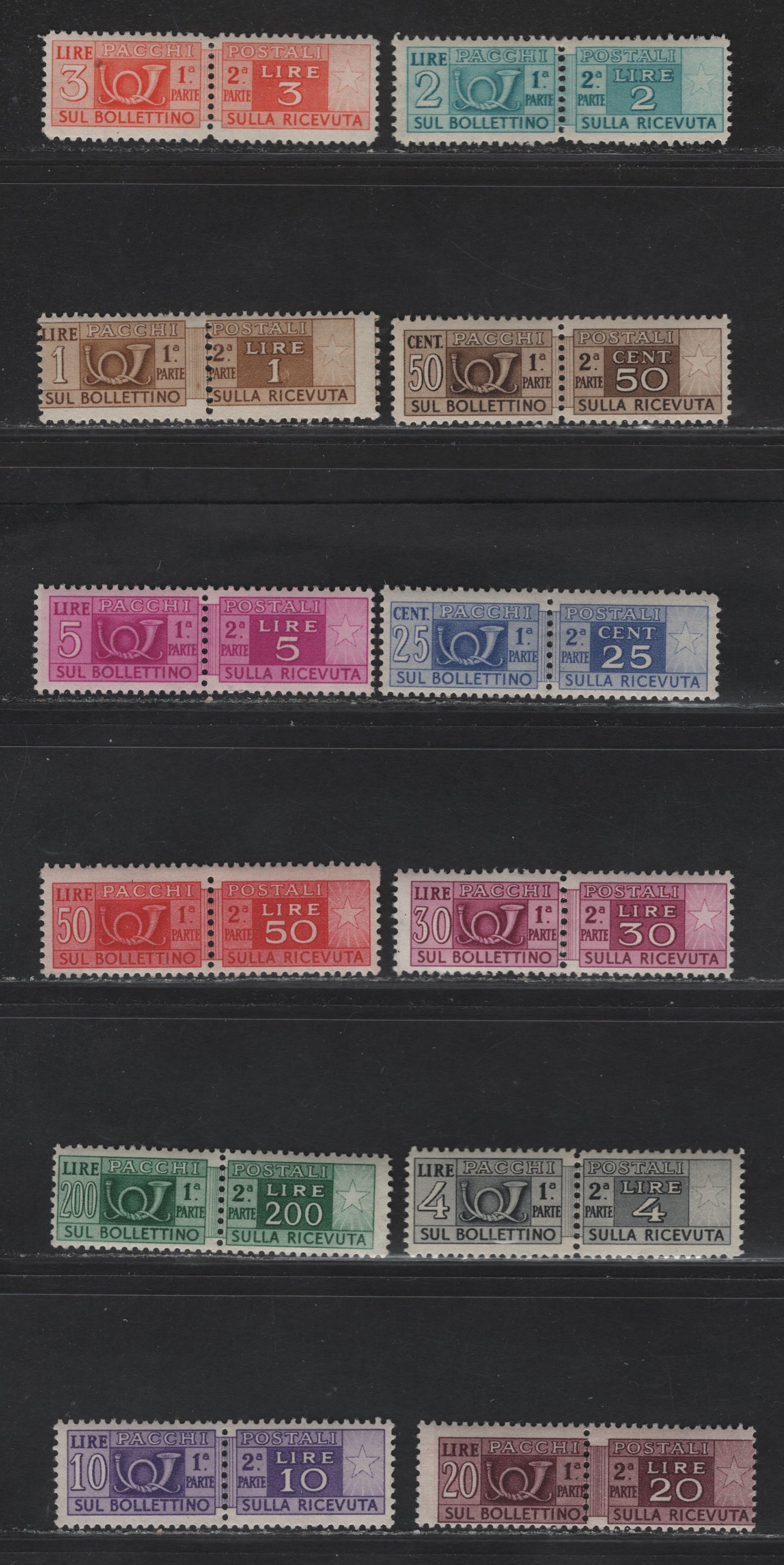 Lot 121 Italy SC#Q61-Q66, Q67a, Q68a, Q69a, Q70a, Q71a, Q73a 25c - 200l Dull Violet Blue - Green Posthorn & Numeral, 1946-1954 Parcel Post Issue, 12 VG/F/VFOG Horizontal Pairs, Perf 13.25, Winged Wheel Wmk