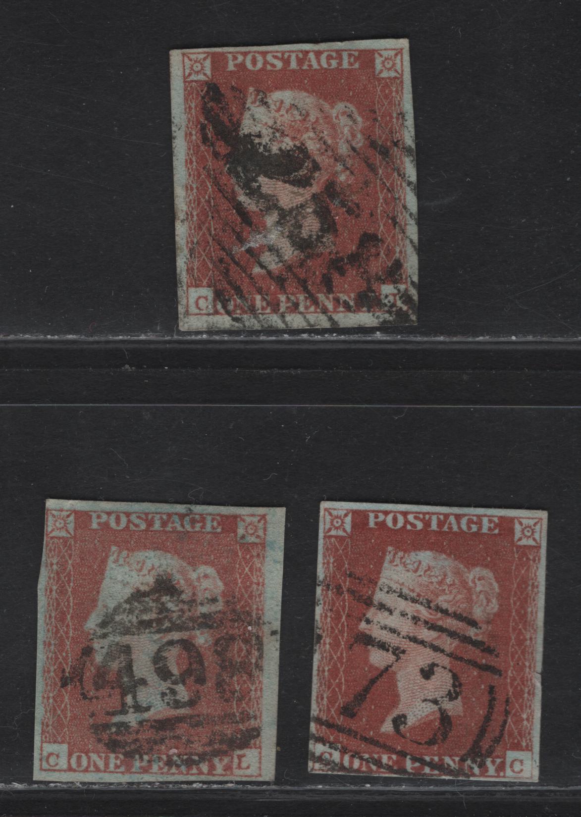 Lot 128 Great Britain SG#8 1d Red Brown Queen Victoria, 1841 Line Engraved Issue, 3 Fine Used Singles, Alphabet 1, Lettered C-C, C-C & C-L, All With 4 Clear Margins, Close On 1-2 Sides, Irish #258, English #73 & 498 Cancels.