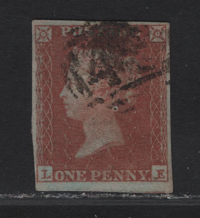 Lot 130 Great Britain SG#8wi 1d Red Brown Queen Victoria, 1841 Line Engraved Issue, A Good Used Single, Inverted Wmk, Alphabet 1, 4 Clear But Close Margins on 3 Sides, Smudgy Numeral Cancel, Small Pinhole Through Bust.