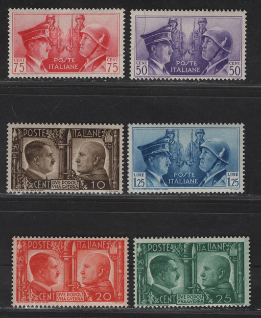 Lot 14 Italy SC#413-418 10c - 1.25l Deep Brown - Deep Blue Hitler & Mussolini, 1941 Rome-Berlin Axis Issue, 6 F/VFOG Singles