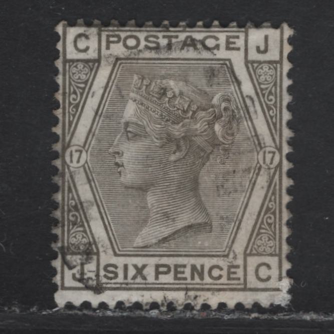 Lot 142 Great Britain SG#147 6d Gray Queen Victoria, 1873-1880 Surface Printed Issue, A Very Good Used Single, Plate 17, Large Colored Corner Letters, Spray of Rose Wmk.