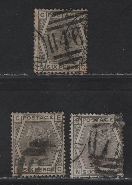 Lot 143 Great Britain SG#147 6d Gray Queen Victoria, 1873-1880 Surface Printed Issue, 3 Good/Very Good Used Singles, Plates 14-16, Large Colored Corner Letters, Plate 14 Has Some Surface Abrasions & Small Internal Crease.