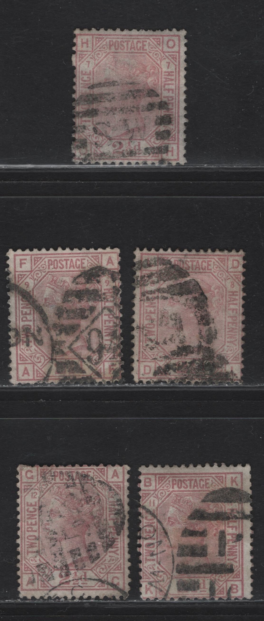 Lot 145 Great Britain SG#141 2.5d Mauve Queen Victoria, 1873-1880 Surface Printed Issue, 5 Very Good Used Singles, Plates 7,8,9,11 & 12, Large Colored Corner Letters, Orb Wmk.
