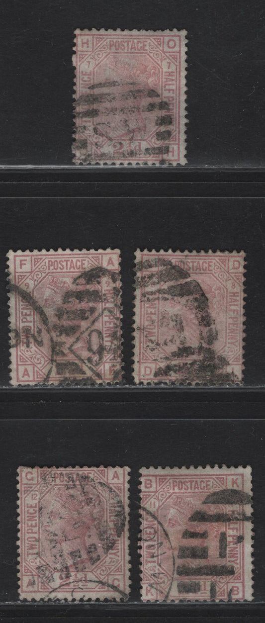 Lot 145 Great Britain SG#141 2.5d Mauve Queen Victoria, 1873-1880 Surface Printed Issue, 5 Very Good Used Singles, Plates 7,8,9,11 & 12, Large Colored Corner Letters, Orb Wmk.
