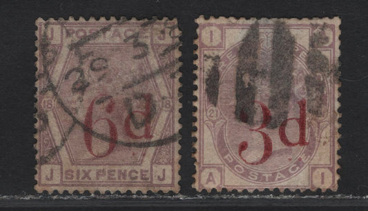 Lot 147 (C) Great Britain SG#159, 162 3d on 3d - 6d on 6d Lilac Queen Victoria, 1880-1883 Surface Printed Issue, 2 Fair/Good Used Singles, Imperial Crown Wmk, Both Have Small to Large Thins, Color is Slightly Faded.