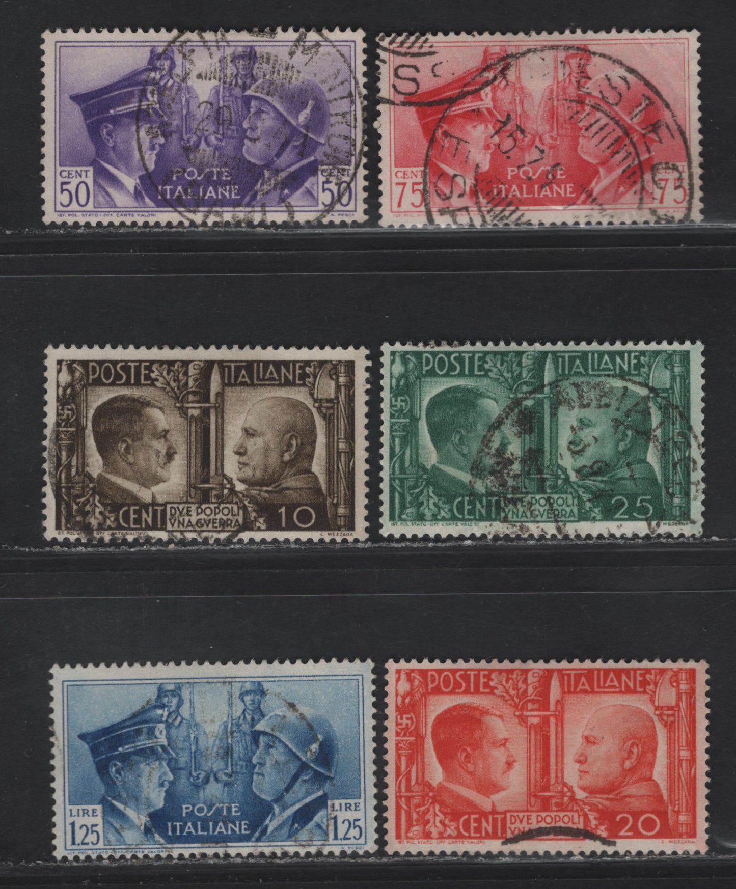 Lot 15 Italy SC#413-418 10c - 1.25l Deep Brown - Deep Blue Hitler & Mussolini, 1941 Rome-Berlin Axis Issue, 6 Fine/Very Fine Used Singles, 75c Has A Diagonal Corner Crease