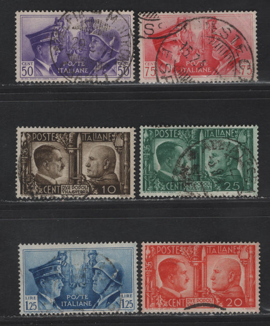 Lot 15 Italy SC#413-418 10c - 1.25l Deep Brown - Deep Blue Hitler & Mussolini, 1941 Rome-Berlin Axis Issue, 6 Fine/Very Fine Used Singles, 75c Has A Diagonal Corner Crease