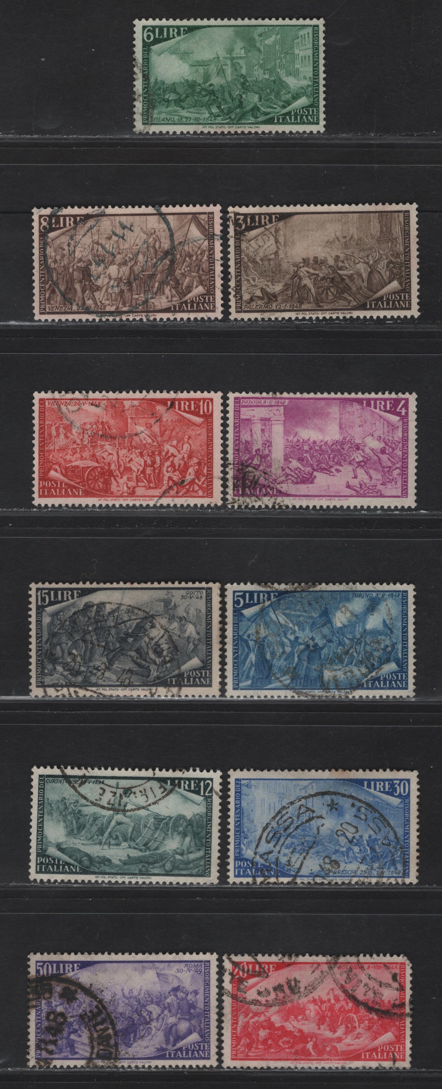 Lot 16 Italy SC#495-505 3l - 50l Dark Brown - Violet Rebellion at Padua - Garibaldi In Rome, 1948 Century of Risorgimento Uprisings Issue, 12 Very Fine Used Singles