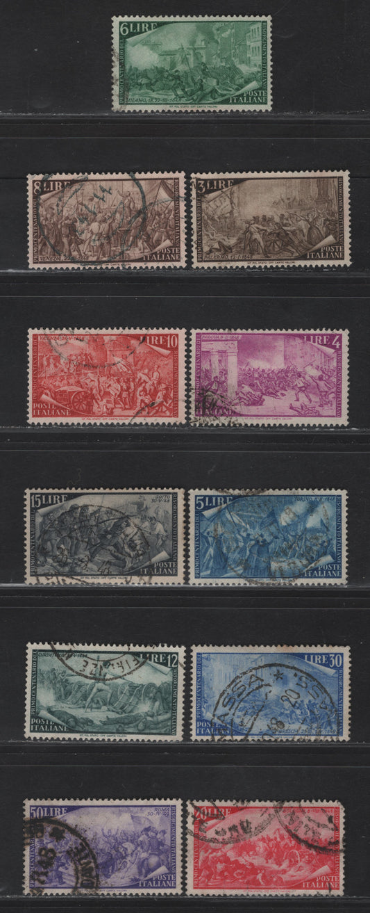 Lot 16 Italy SC#495-505 3l - 50l Dark Brown - Violet Rebellion at Padua - Garibaldi In Rome, 1948 Century of Risorgimento Uprisings Issue, 12 Very Fine Used Singles