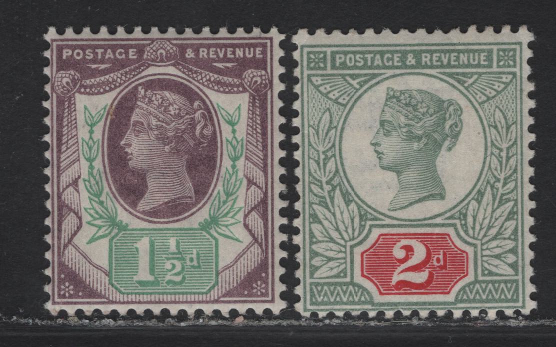 Lot 171 Great Britain SG#198, 200 1.5d - 2d Dull Purple & Pale Green - Gray Green & Carmine Queen Victoria, 1887 Jubilee Issue, 2 FOG Singles