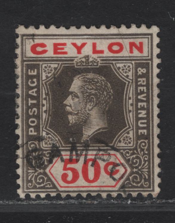 Lot 179 (C) Ceylon SG#353a 50c Black & Scarlet King George V, 1921-1932 KGV Imperium Keyplate Issue, A Fine Used Single, Script CA Wmk