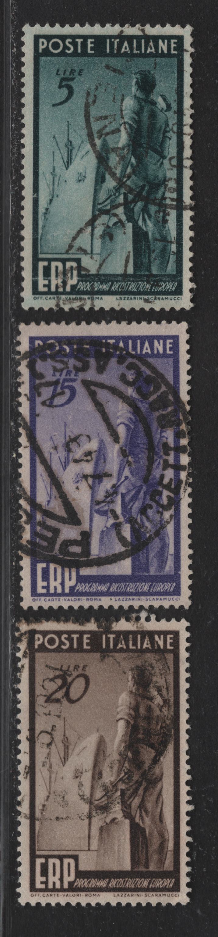 Lot 18 Italy SC#515-517 5l - 20l Dark Green - Brown Workman & Ship, 1949 European Recovery Program Issue, 3 Very Fine Used Singles, Postally Used Examples, 15l Violet Has A July 1949 CDS, Others Appear To Be 1949 Also.