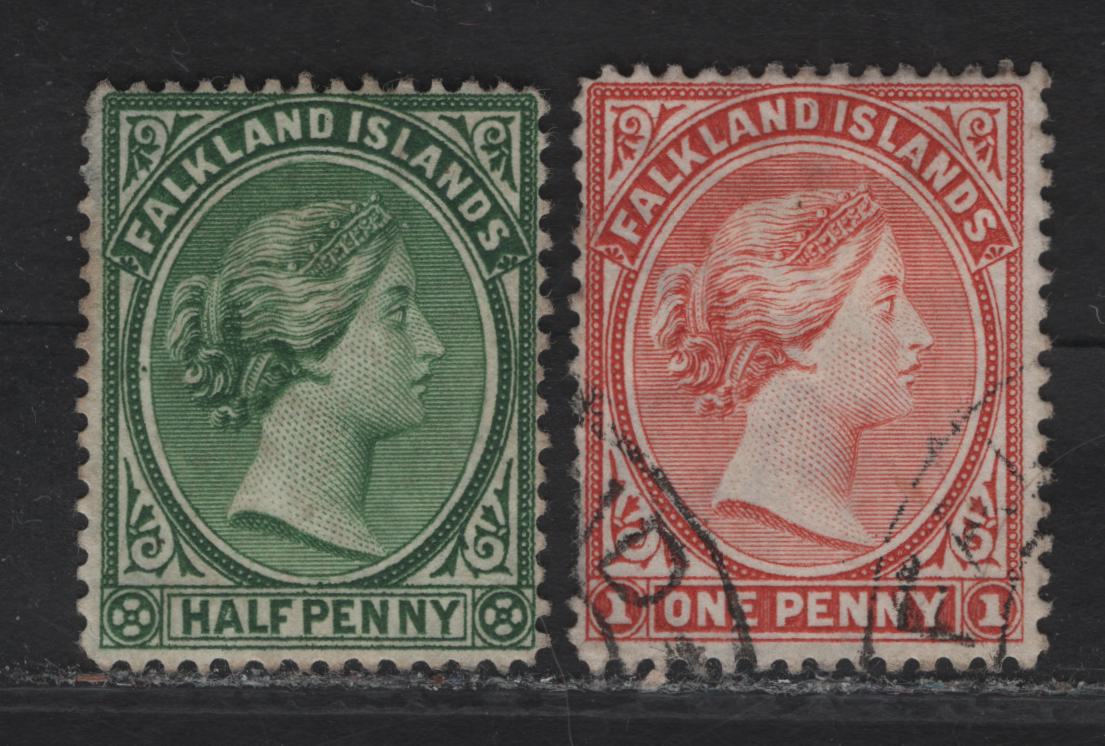 Lot 181 (C) Falkland Islands SG#16, 22 1/2d - 1d Green - Pale Venetian Red Queen Victoria, 1891-1902 Queen Victoria Sidefaces Issue, 2 Fine Used Singles Bradbury Wilkinson Printing, ,