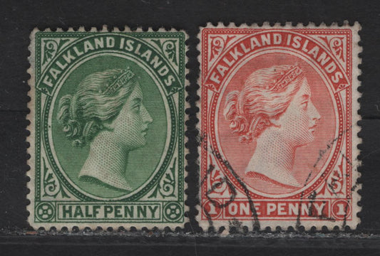Lot 181 (C) Falkland Islands SG#16, 22 1/2d - 1d Green - Pale Venetian Red Queen Victoria, 1891-1902 Queen Victoria Sidefaces Issue, 2 Fine Used Singles Bradbury Wilkinson Printing, ,