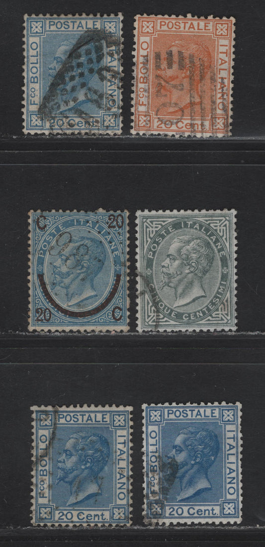 Lot 186 Italy SC#26, 34b, 35,a, 36 5c - 20c Slate Green - Orange Numeral - Victor Emmanuel II, 1863-1877 Victor Emmanuel II Keyplates Issue, 6 Very Fine Used Singles