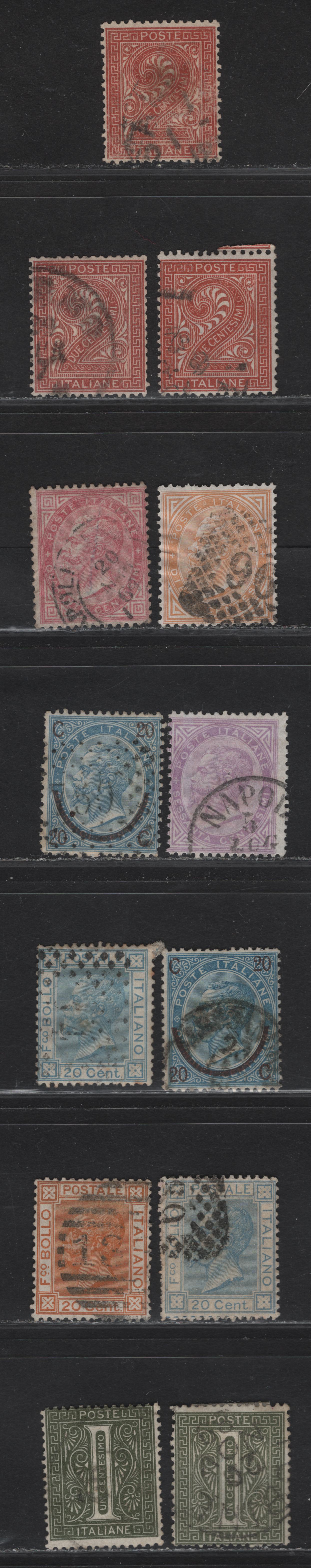 Lot 187 Italy SC#24-25, 27, 31-32, 34,b, 35-a, 36 1c - 20c Gray Green - Orange, 1863-1877 Victor Emmanuel II Keyplates Issue, 13 Fine Used Singles, With Different Shades, Surcharges Are types 1 & 3, 20c Is Sky Blue & Blue Shades.
