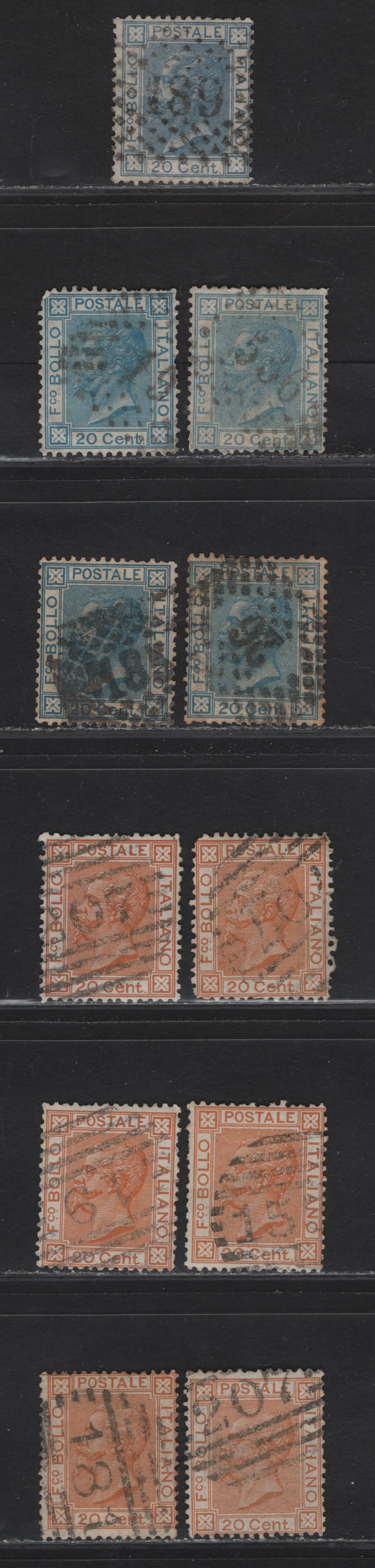 Lot 189 Italy SC#35-a, 36 20c Sky Blue - Orange Victor Emmanuel II, 1867-1877 Victor Emmanuel II Keyplates Issue, 11 Very Good/Fine Used Singles, Various Numeral Postmarks