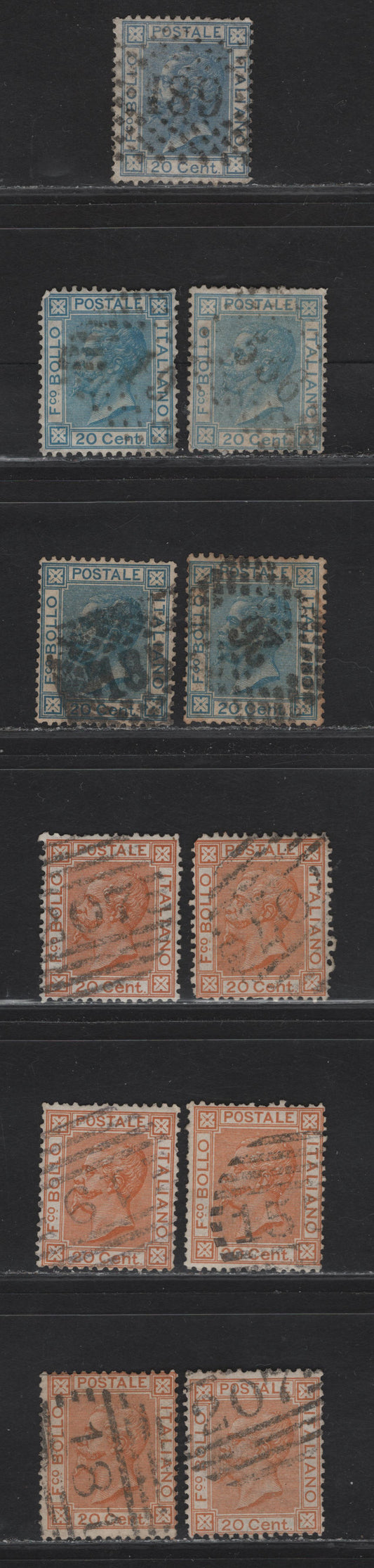 Lot 189 Italy SC#35-a, 36 20c Sky Blue - Orange Victor Emmanuel II, 1867-1877 Victor Emmanuel II Keyplates Issue, 11 Very Good/Fine Used Singles, Various Numeral Postmarks