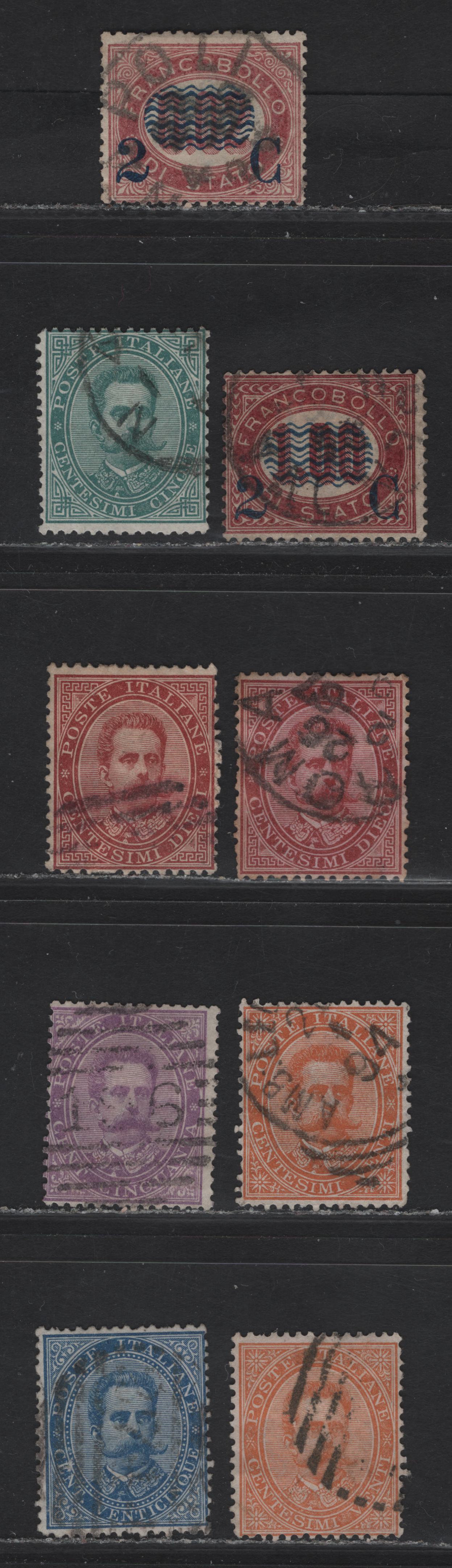 Lot 190 Italy SC#37, 41, 45-48, 50 2c on 2c - 50c Lake - Violet Officials - King Humbert I, 1878-1879 Surcharges - King Humbert I Issues, 9 Fine Used Singles, Additional Shades