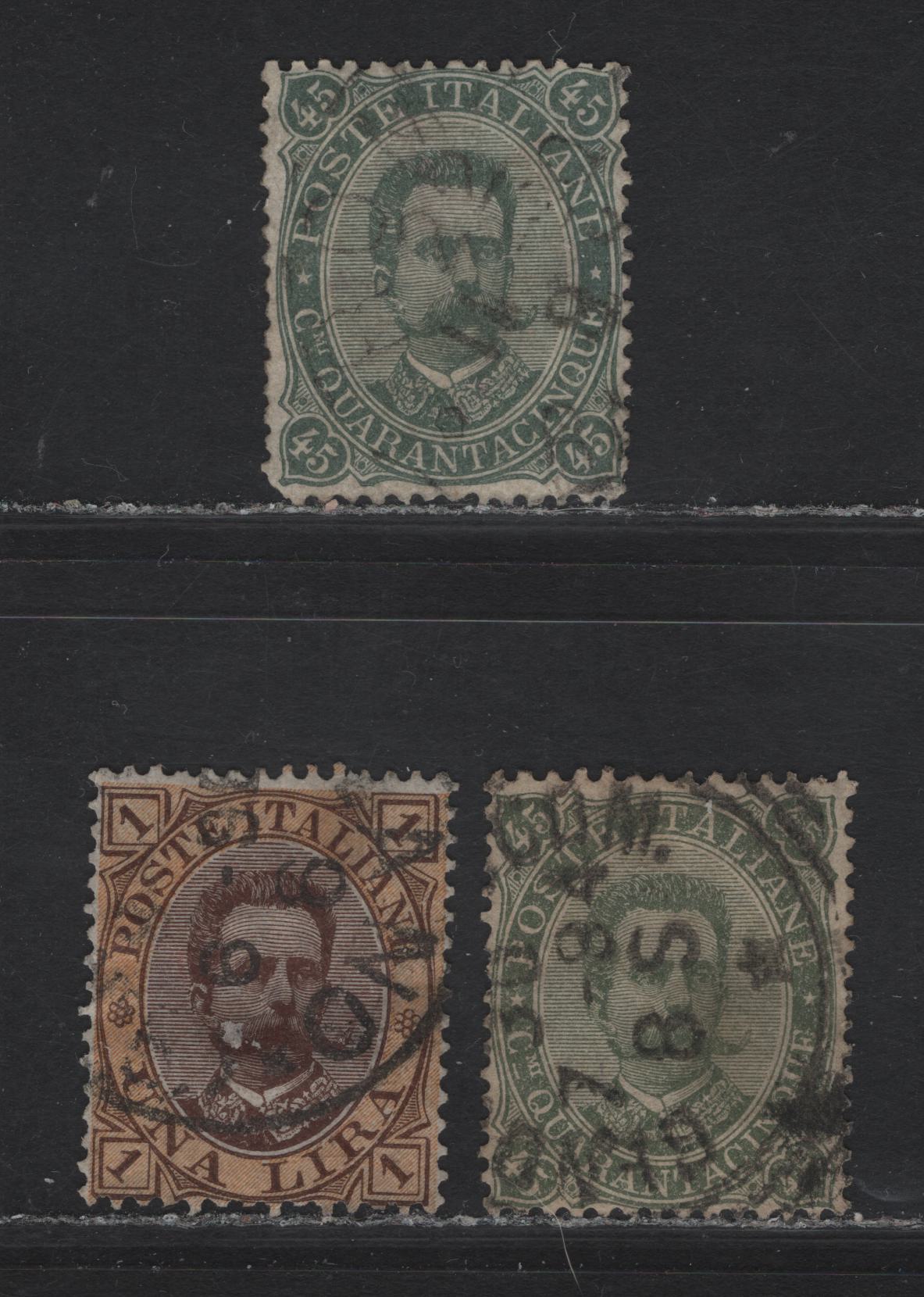 Lot 191 Italy SC#54-56 45c - 1l Gray Green - Brown & Yellow King Humbert I, 1889 King Humbert I Keyplates Issue, 3 Fine Used Singles