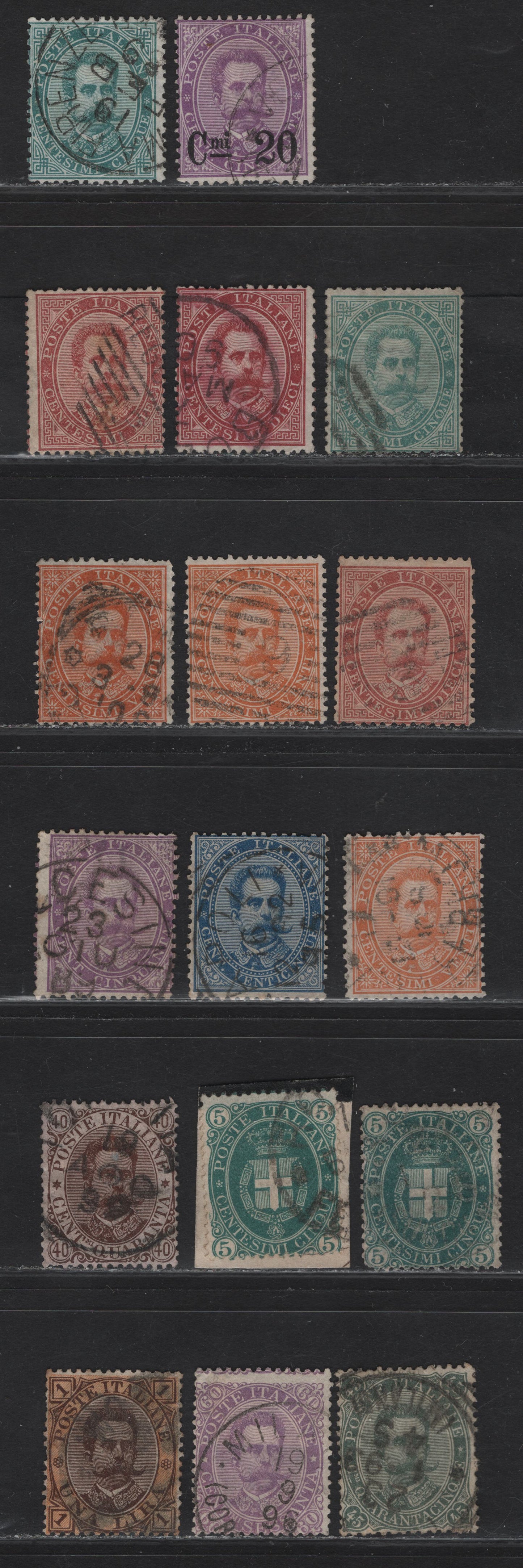 Lot 192 Italy SC#45-48, 50, 52-56a, 66 20c on 50c - 1l Violet - Brown & Orange King Humbert I, 1879-1891 King Humbert I & Surcharge Issues, 17 Very Good Used Singles, Additional Shades