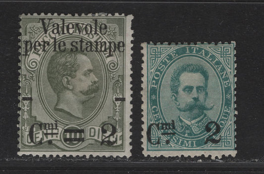 Lot 193 Italy SC#64, 58 2c on 5c - 2c on 10c Blue Green - Olive Green King Humbert I, 1890 Surcharged Issue, 2 VG/FOG Singles