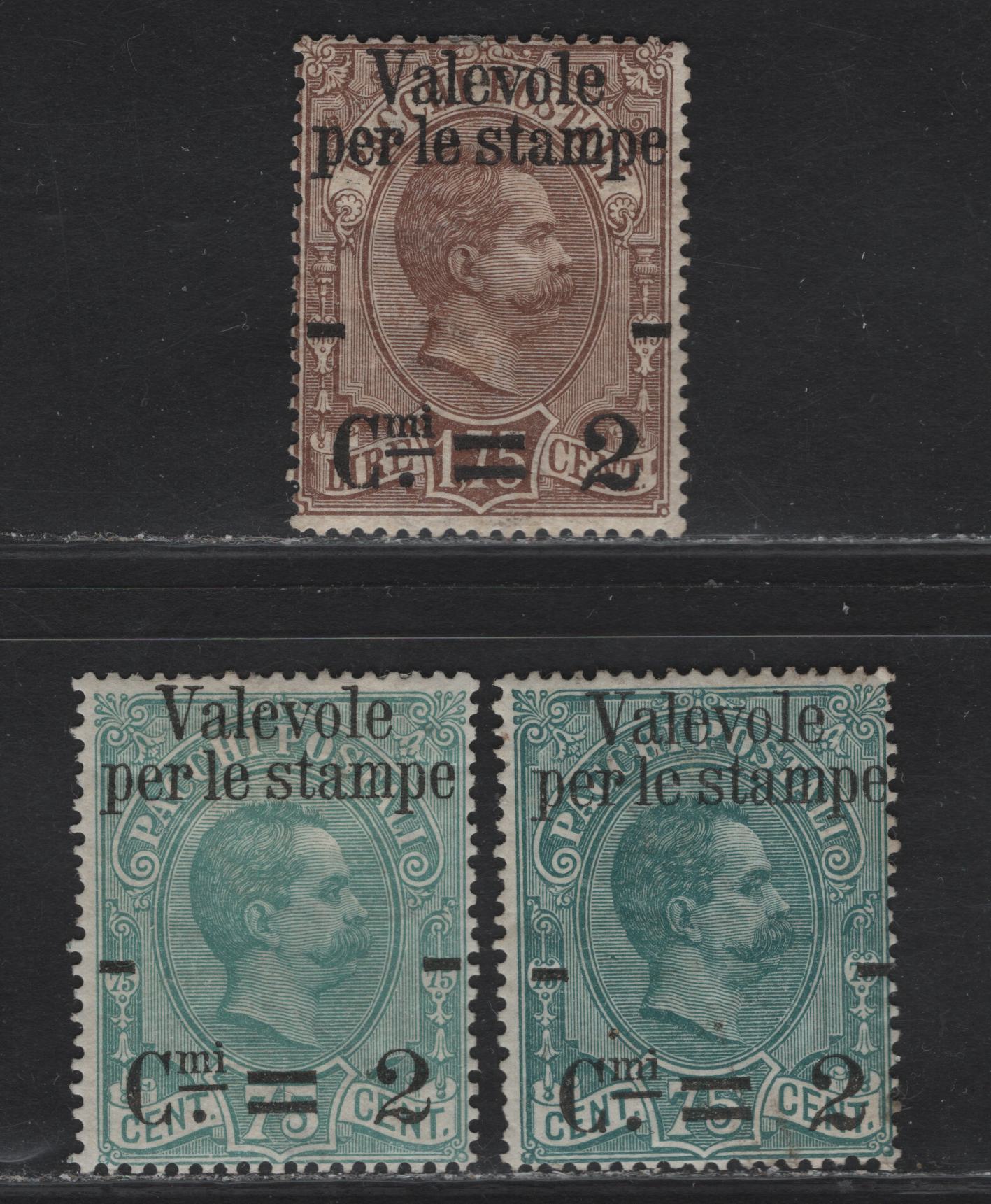 Lot 194 Italy SC#61, 63 2c on 75c - 2c on 1.75l Blue Green - Brown King Humbert I, 1890 Surcharged Parcel Post Issue, 3 FOG Singles