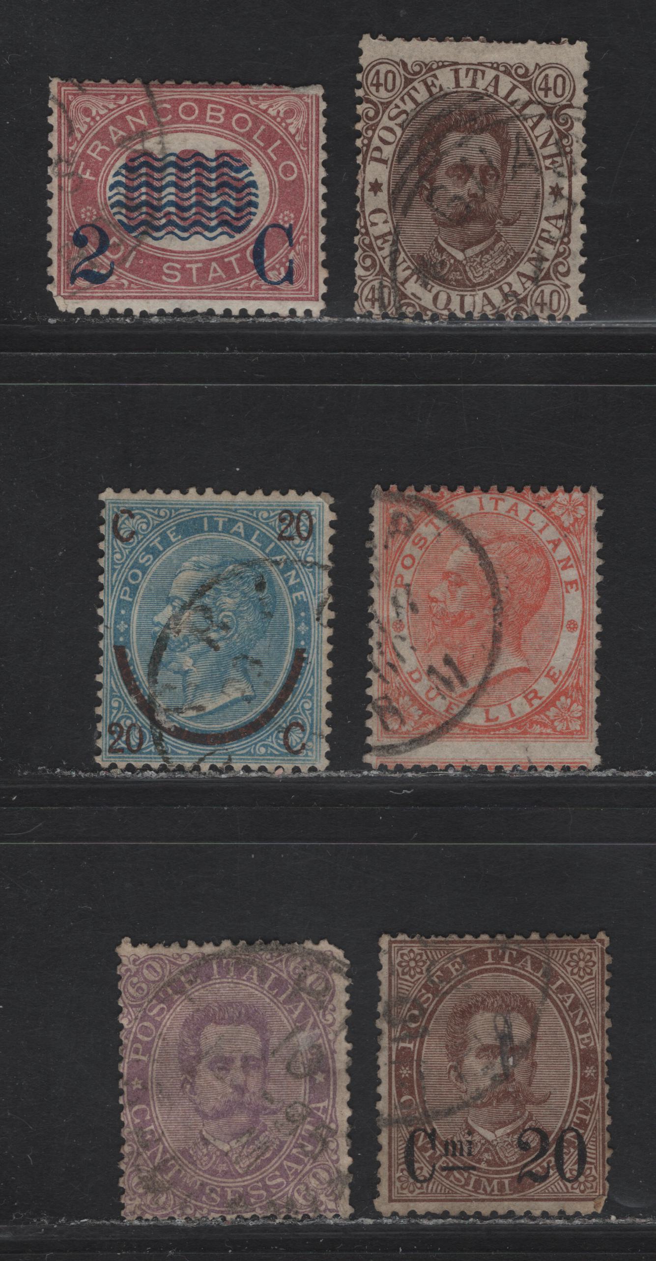 Lot 198 Italy SC#33, 34a, 38, 53, 55, 65 2l - 60c Vermillion - Violet Victor Emmanuel II - Humbert I, 1863-1889 Victor Emmanuel II - Humbert I Keyplate Issues, 6 Good & Ungraded Used Singles, All With Small Faults