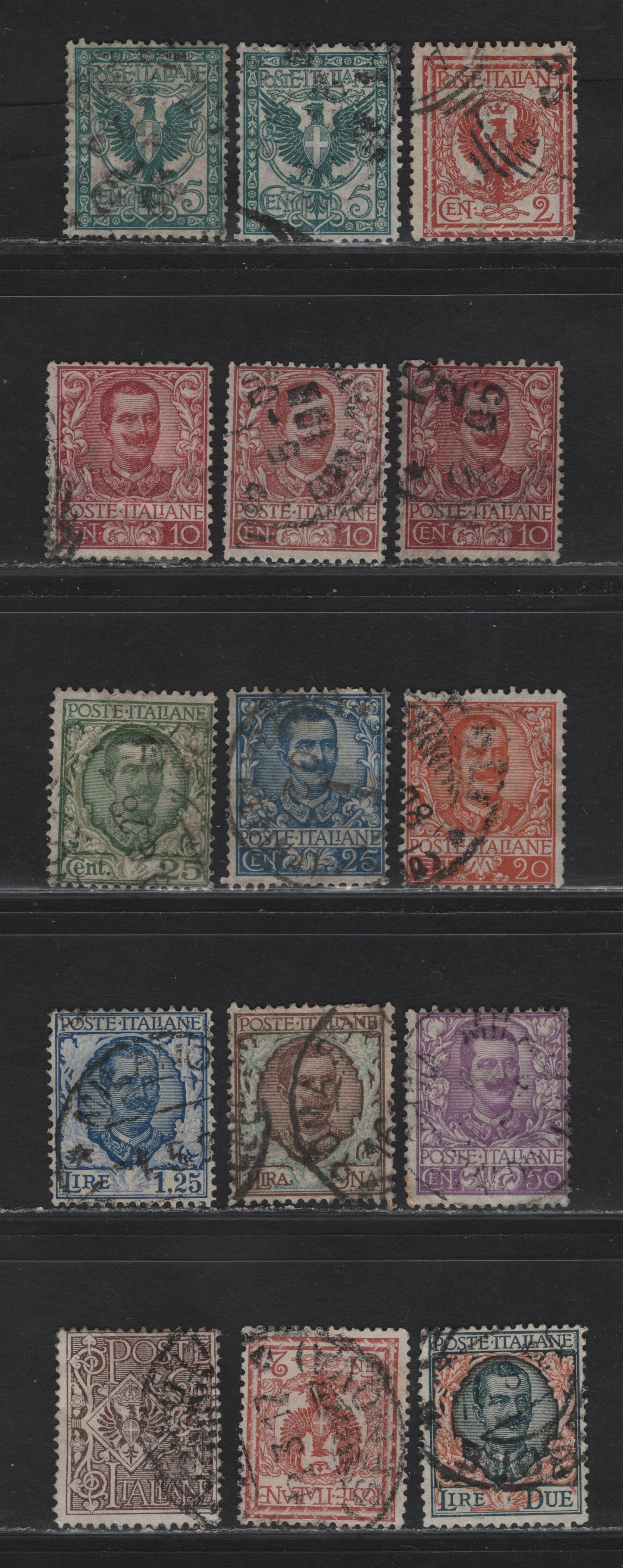 Lot 199 Italy SC#76-82, 85, 88-89 1c - 2l Brown - Dark Green & Orange Victor Emmanuel III, 1901-1926 Victor Emmanuel III Keyplates, 15 Fine Used Singles