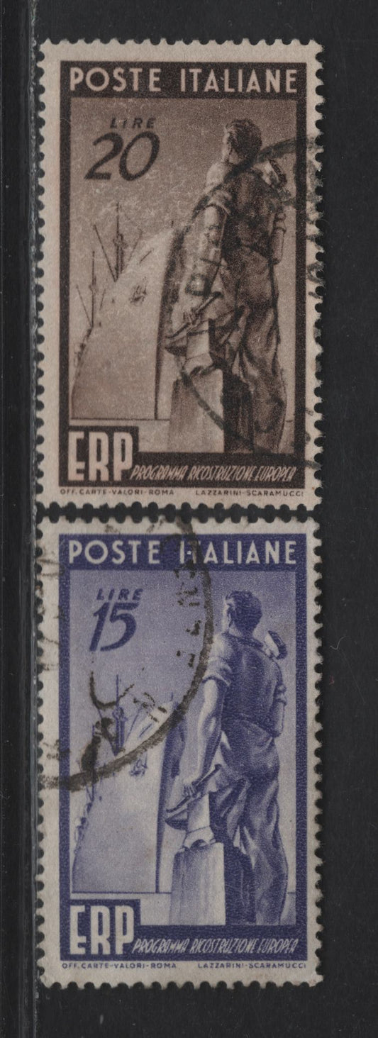 Lot 20 Italy SC#516-517 15l - 20l Violet - Brown Workman & Ship, 1949 European Recovery Program Issue, 2 Fine Used Singles, Indistinct Cancels
