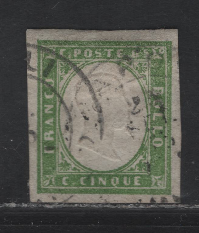 Lot 2 Sardinia SC#10a 5c Yellow Green Victor Emmanuel II, 1855-1863 Embossed Victor Emmanuel II Issue, A Very Fine Used Imperf Single, Late Printing, Blurred Print in Border