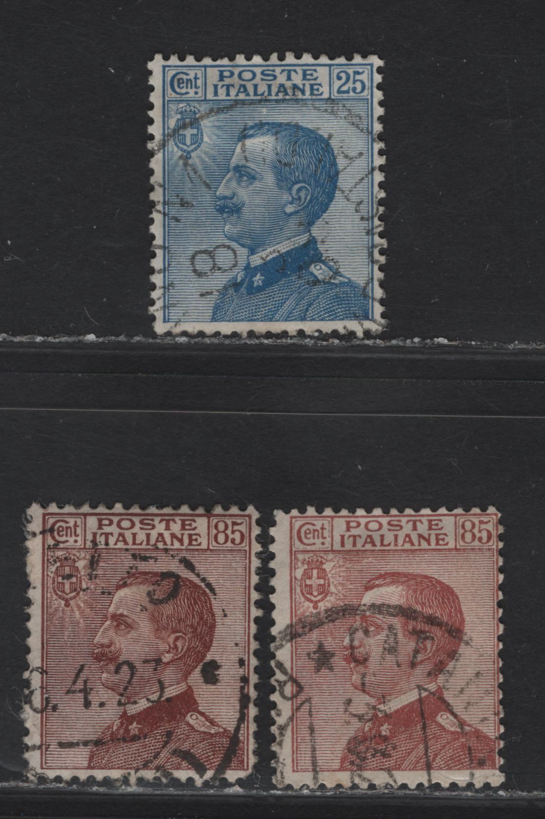 Lot 203 Italy SC#100, 110 25c - 85c Blue - Red Brown Victor Emmanuel III, 1908-1927 Victor Emmanuel III Sideface Issue, 3 Fine Used Singles, 2 Shades Of Red Brown