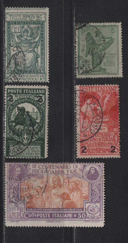 Lot 204 Italy SC#126a, 127, 134-136 2c on 5c - 50c Deep Green - Violet & Brown Orange Symbol of Valor - St Francis, 1913-1923 Surcharges - Propagation of the Faith Issue, 5 Fine Used Singles, 126a Is CTO, Same As 134 & 145, So Valued As Mint